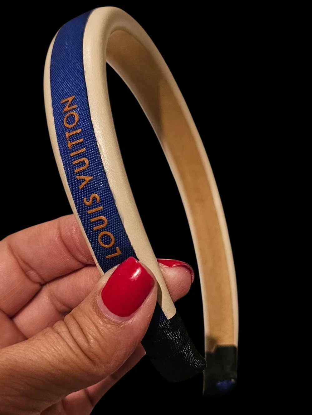Upcycled Cream and Navy Ribbon Logo Headband